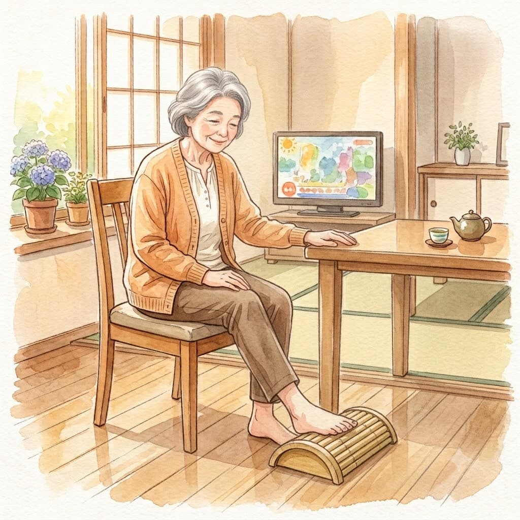 椅子に座り、テーブルに手を添えて青竹踏みをする高齢女性の水彩イラスト