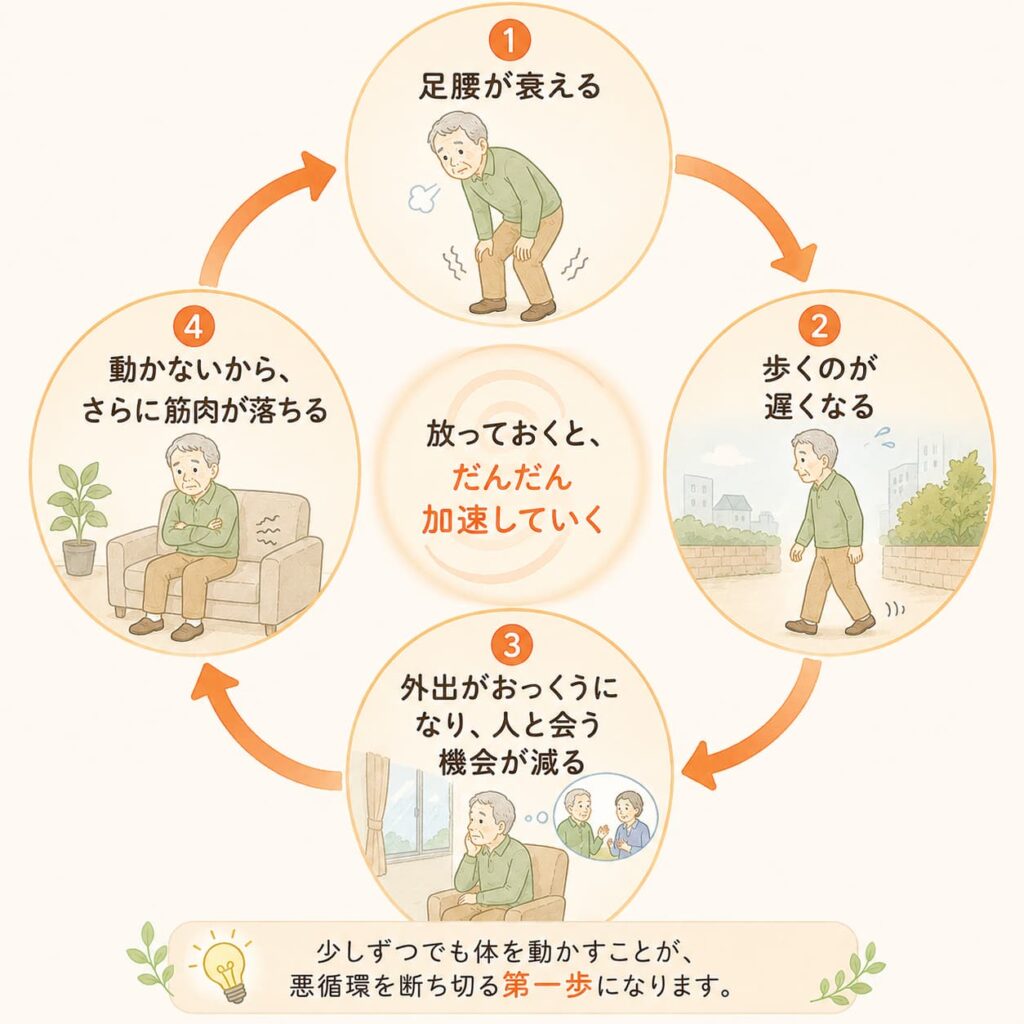 足腰の衰えを放置すると転倒・寝たきりにつながることを示すイメージ
