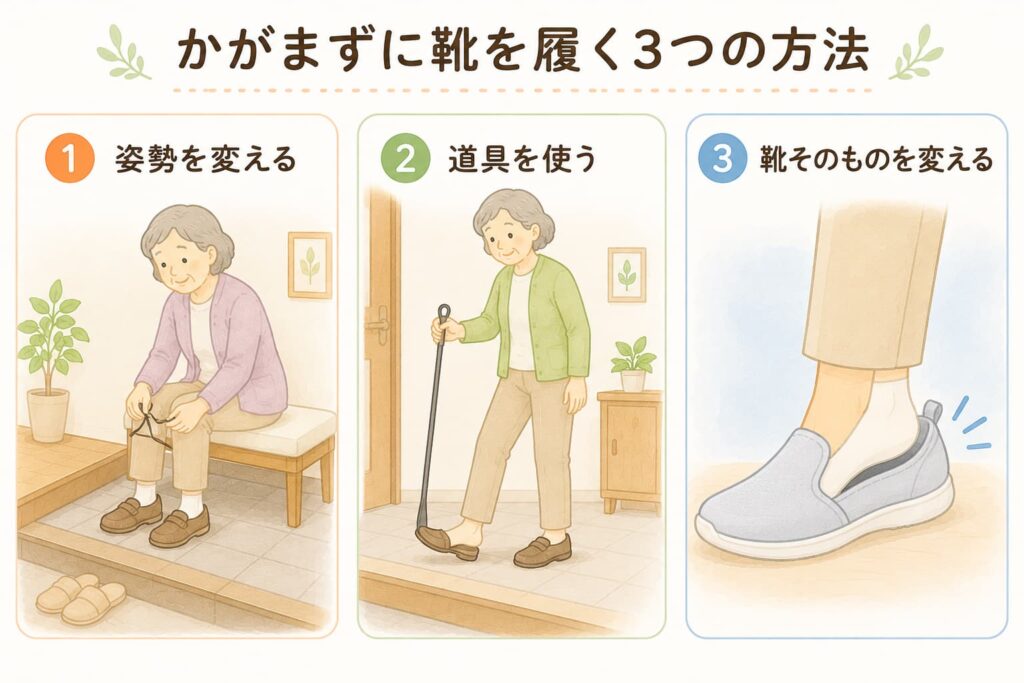 かがまずに靴を履く3つの方法(姿勢・道具・靴を替える)を示した図解