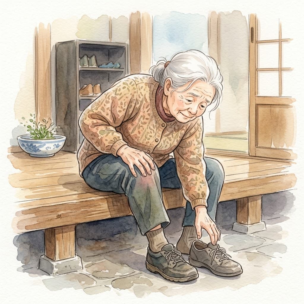 膝や腰が痛くて玄関で靴を履くのに苦労する高齢女性