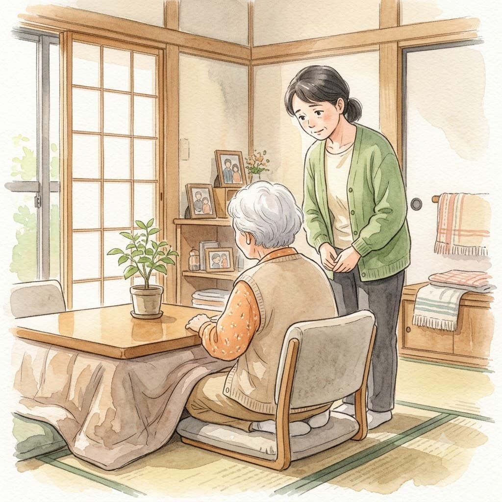 背中が丸くなり小さくなった高齢の母を心配そうに見守る娘