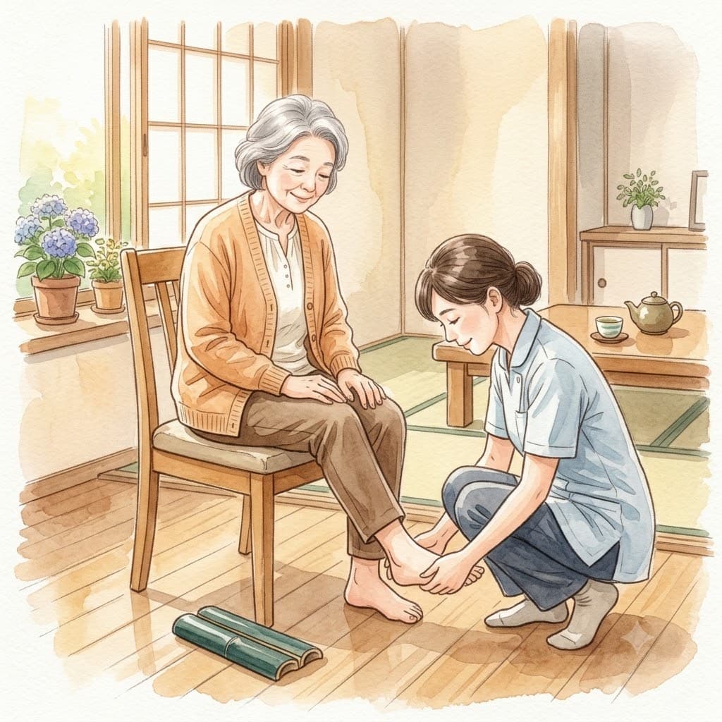 理学療法士が高齢者の足の状態を確認する様子