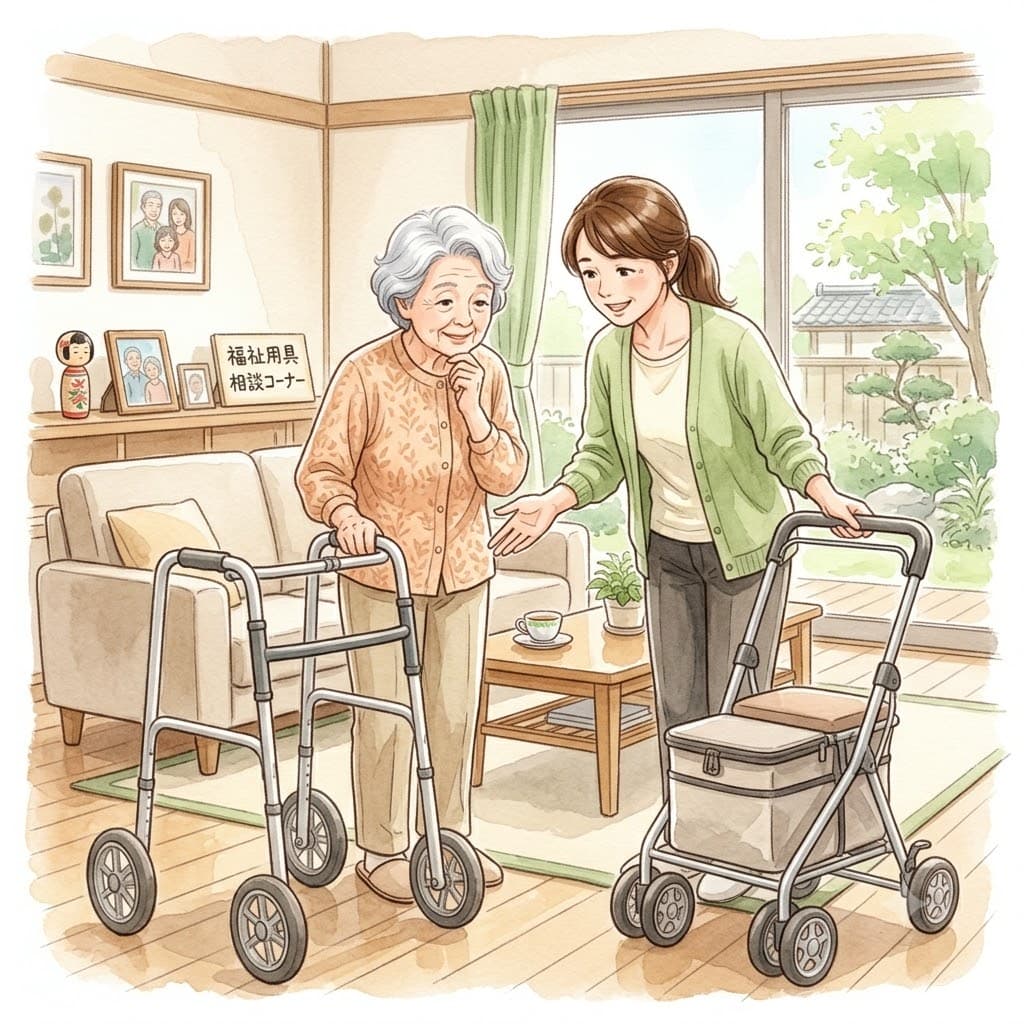 歩行器とシルバーカーを前に選び方を迷う高齢の母親と娘のイラスト