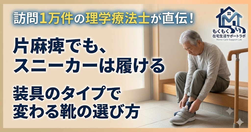 玄関でスニーカーを履く高齢女性｜片麻痺の靴の選び方