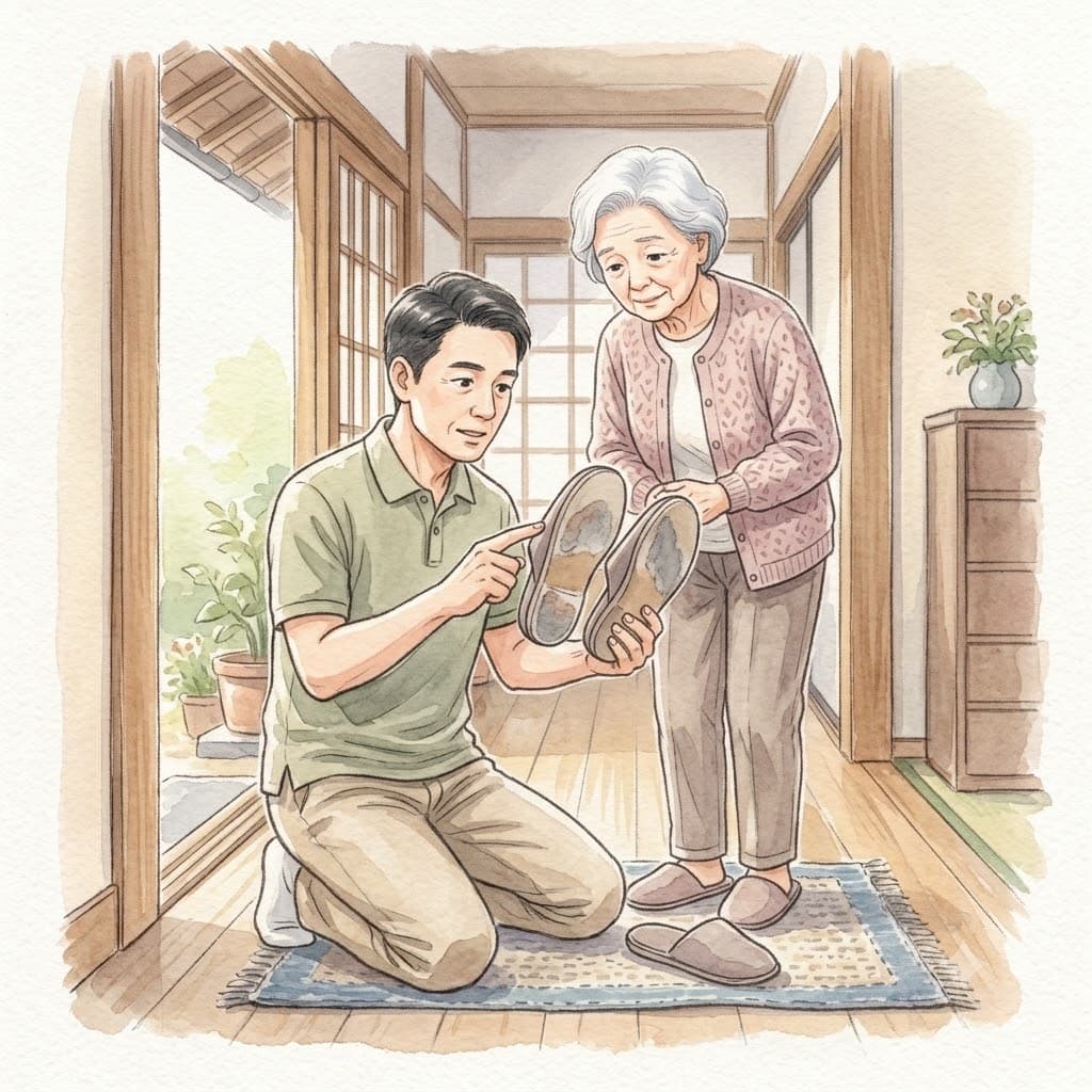 高齢女性宅の玄関で靴底のすり減りを確認する理学療法士のイラスト