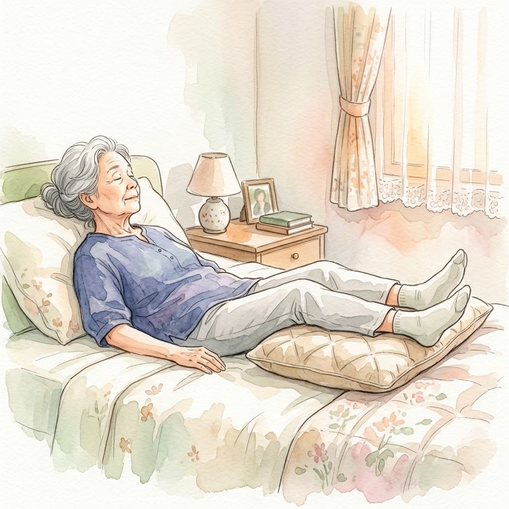 ベッドで横になり、クッションで足を少し高くして休む高齢女性のイラスト