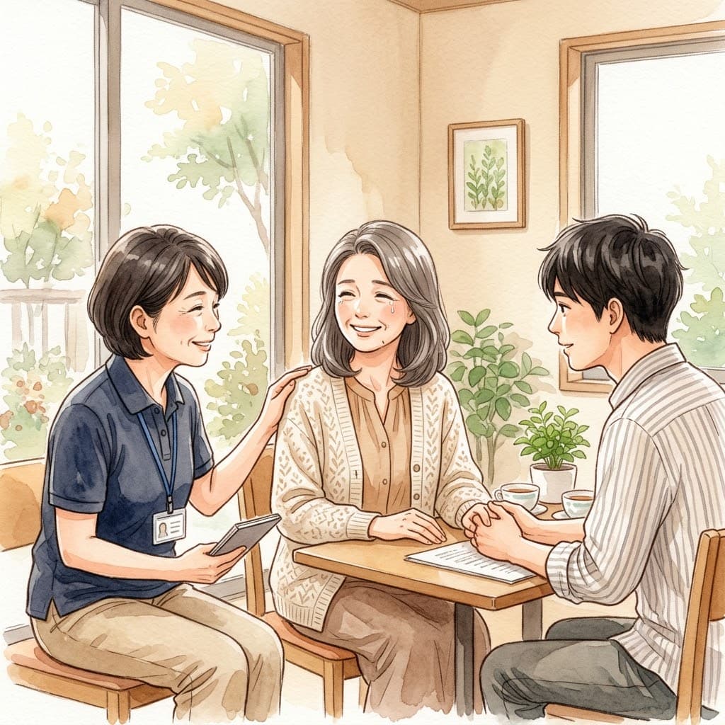 介護に疲れた家族がケアマネジャーに相談し支えられる様子