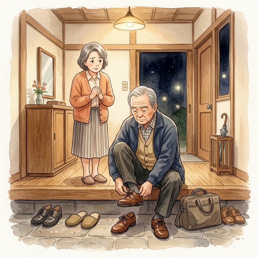 夜に玄関で靴を履こうとする認知症の高齢男性と心配そうに見守る娘のイラスト