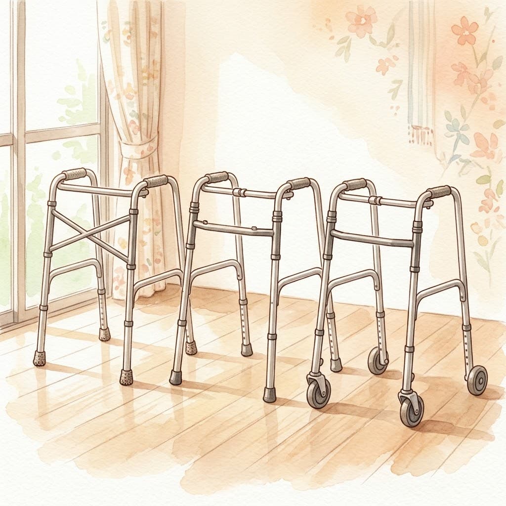 固定型・交互型・キャスター型の屋内用歩行器3タイプのイラスト