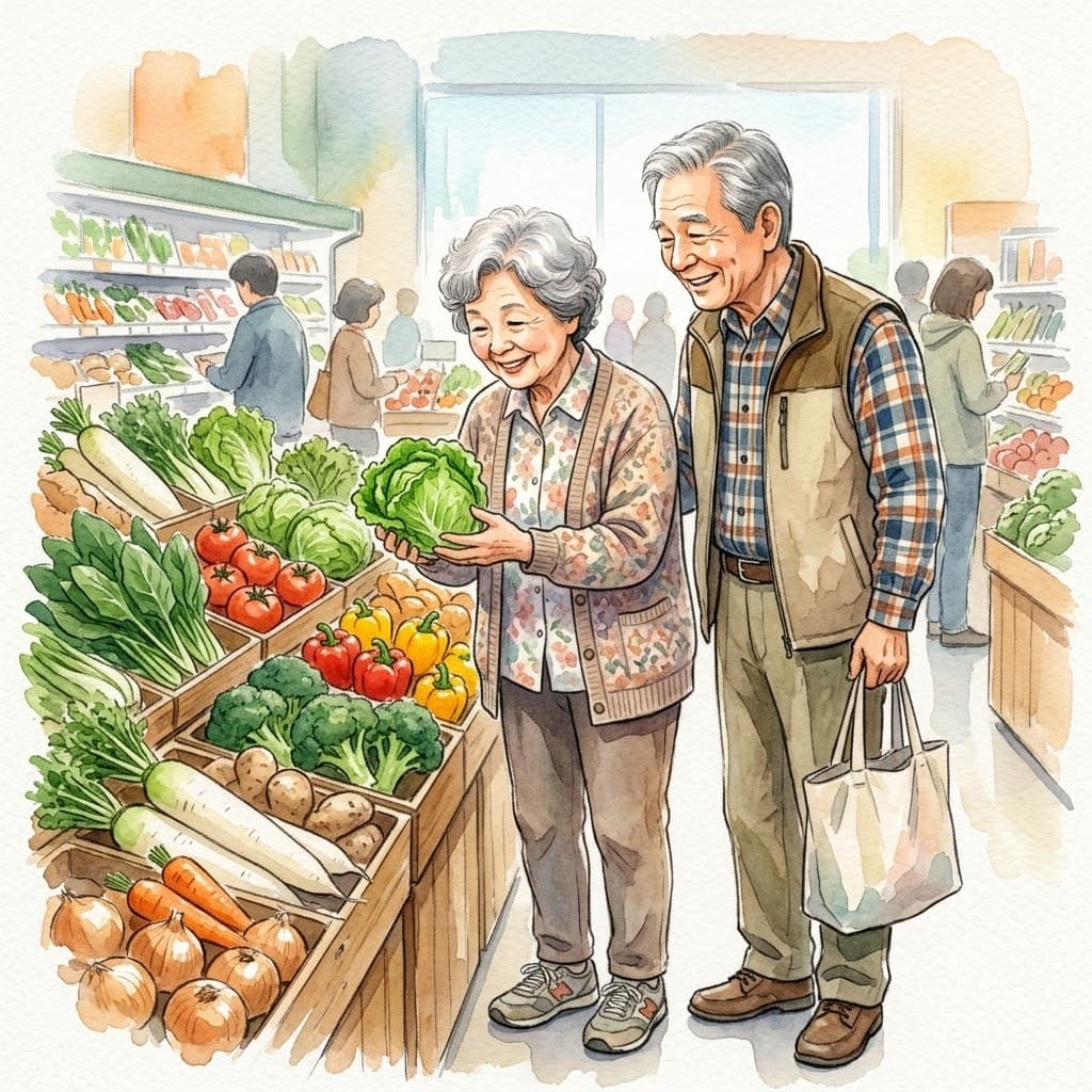 合う靴に変えて、また夫婦一緒にスーパーで買い物を楽しむ高齢の夫婦