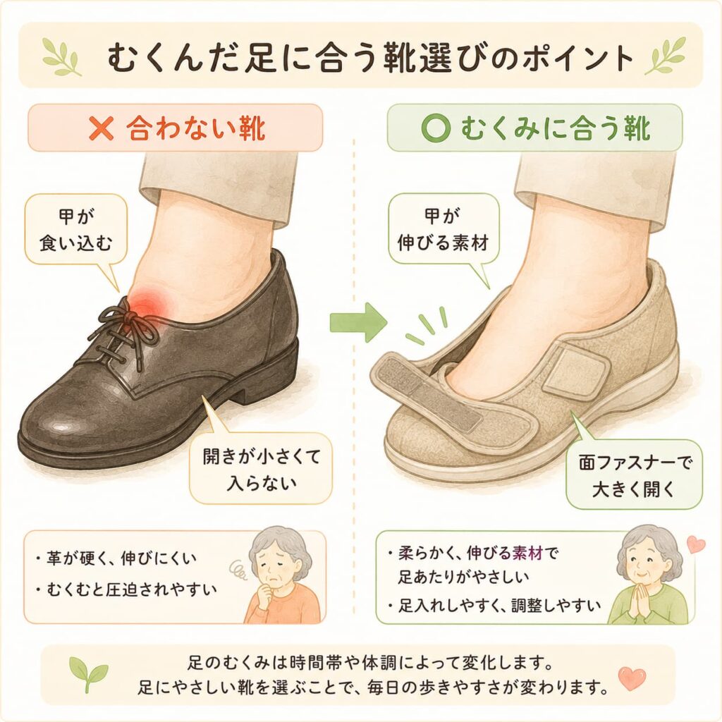 むくんだ足に合う靴と合わない靴を比べるイラスト