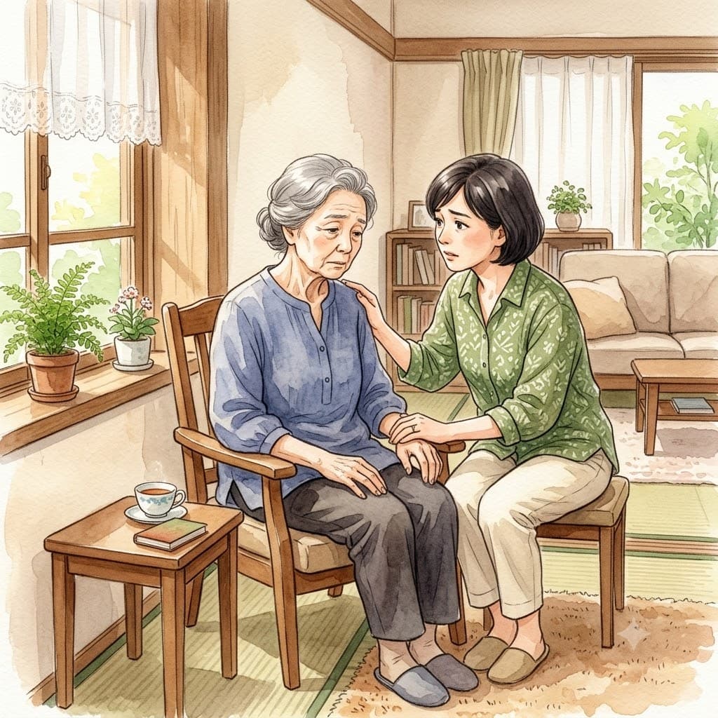 退院後に自宅の椅子で元気なく座る高齢女性と寄り添う家族のイラスト