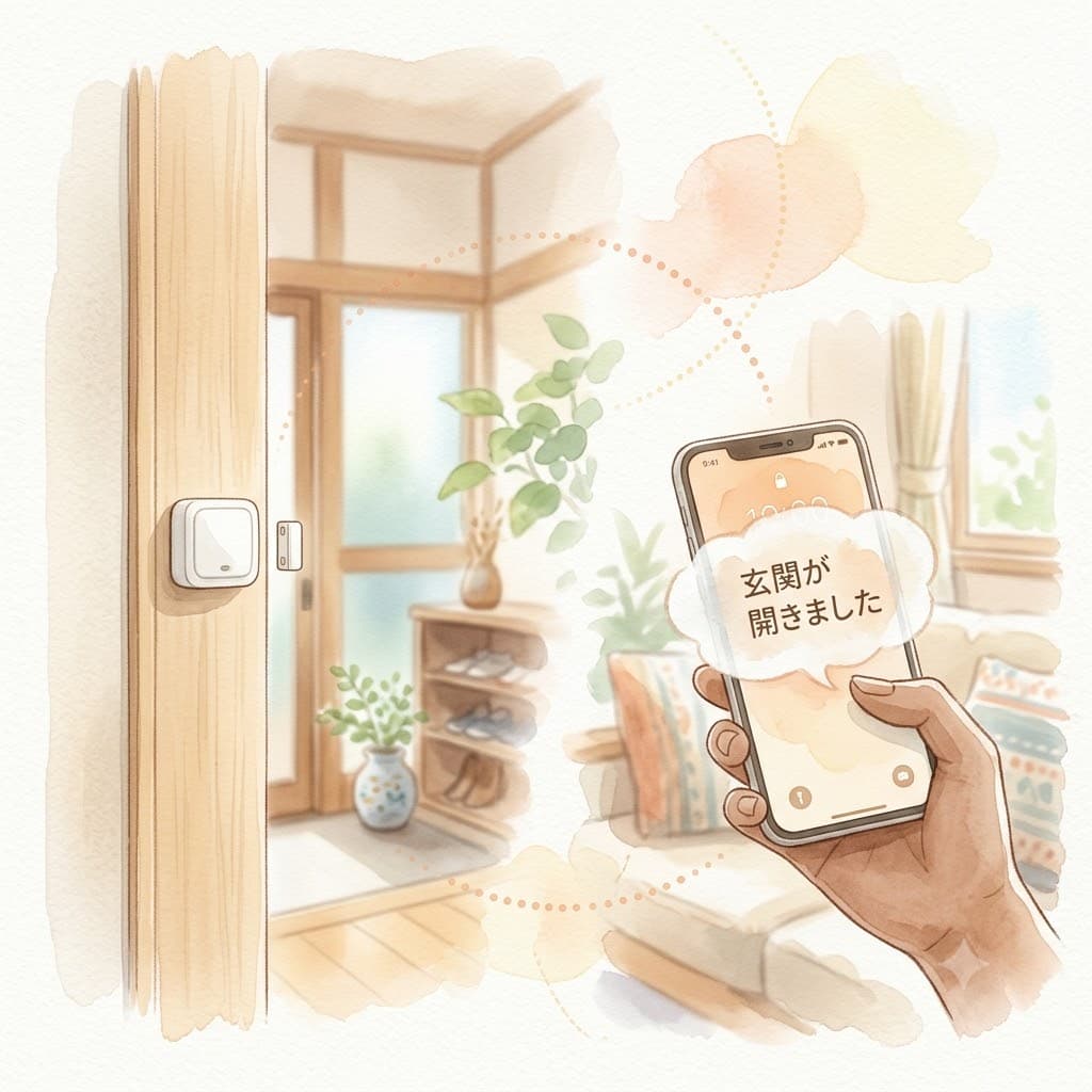 玄関ドアに貼り付けたSwitchBot開閉センサーとスマートフォンへの通知を表すイラスト