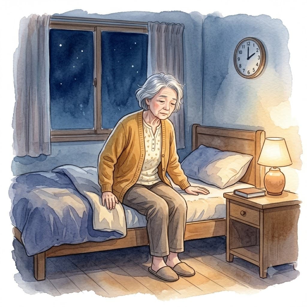 夜中に何度もトイレに起きる高齢女性のイラスト