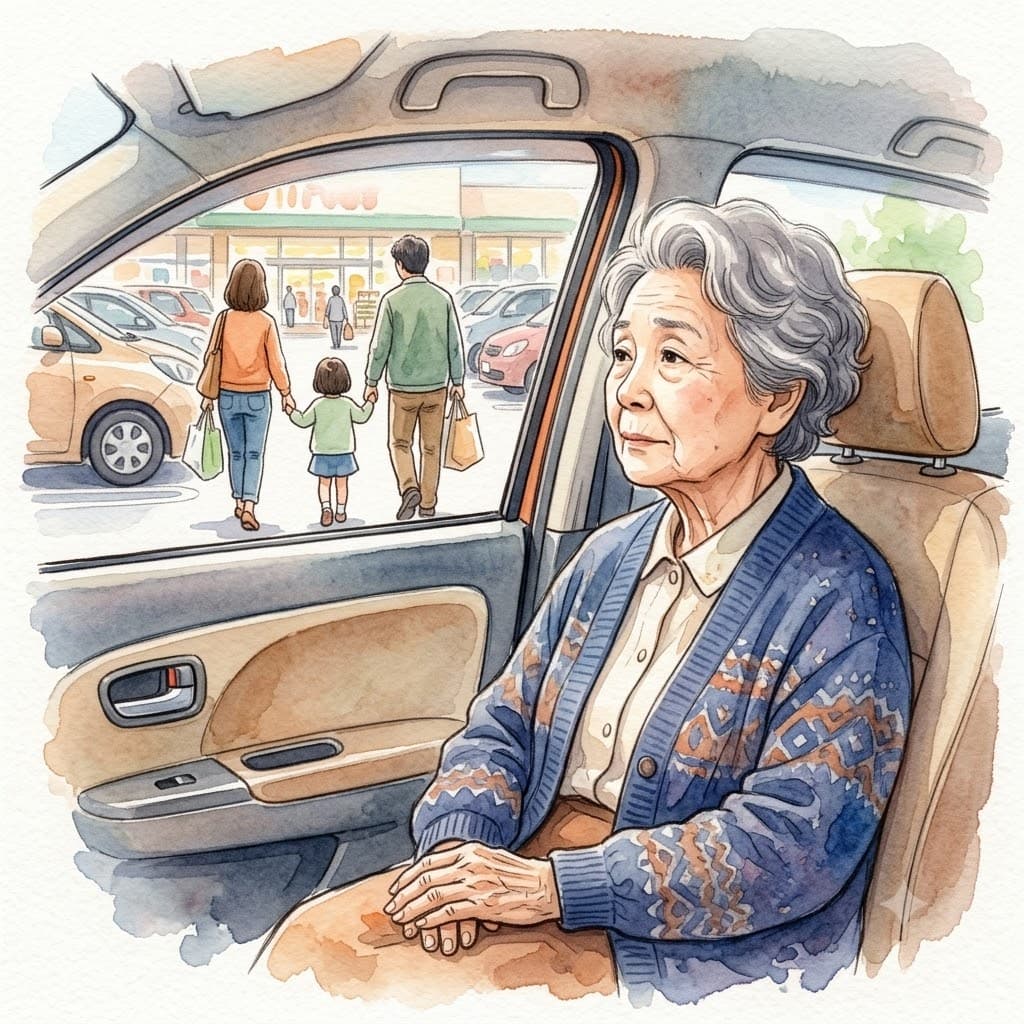 足の痛みで外出を控え、スーパーの駐車場で車の中から外を眺める高齢の女性