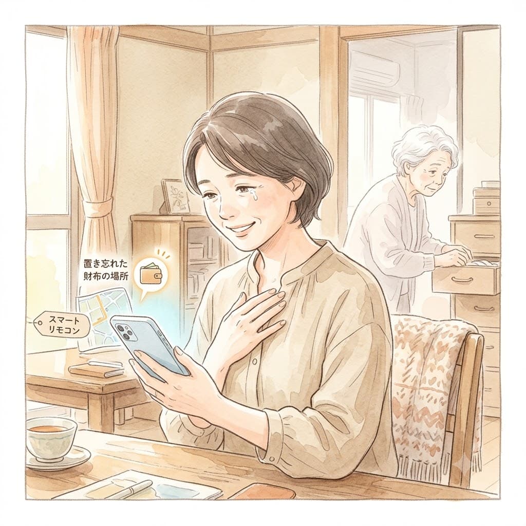 スマートフォンで財布の場所を確認して安心する家族