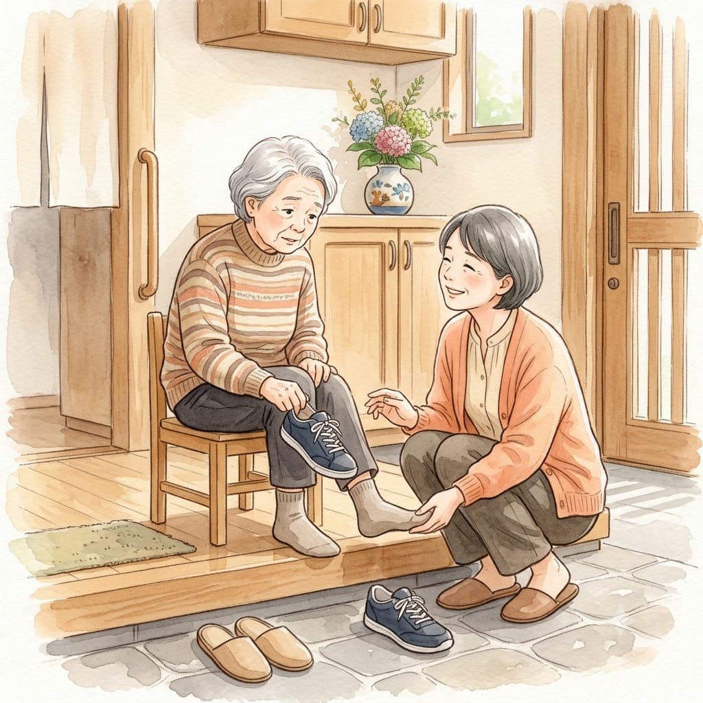 玄関で靴を前に戸惑う高齢の女性と、そばで寄り添う家族の水彩イラスト