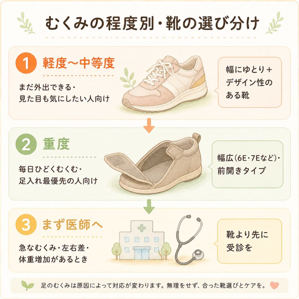 むくみの程度別に靴を選び分けるイラスト