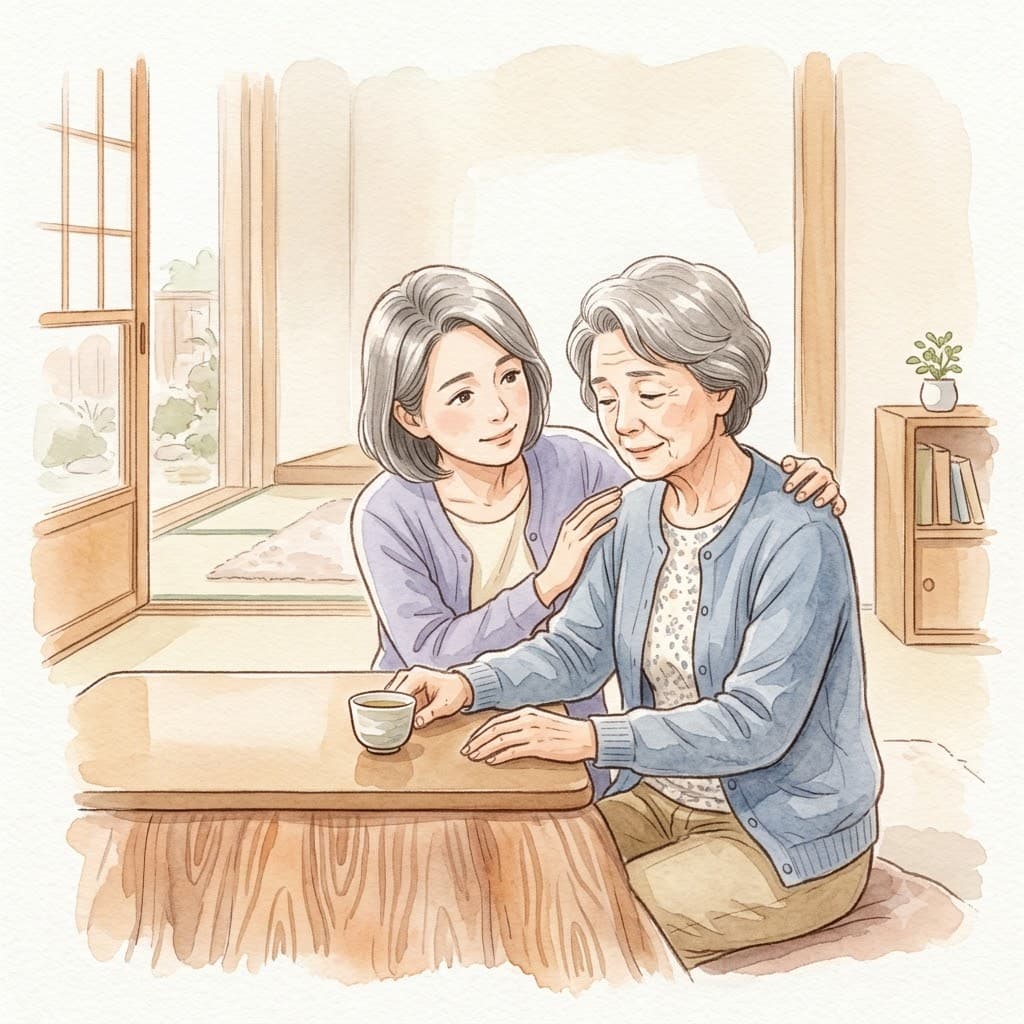 徘徊する親を見守りながら不安と罪悪感を抱える家族の水彩イラスト