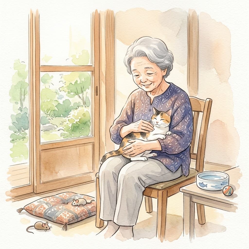 部屋で猫を優しく抱いてほほ笑む高齢の女性のイラスト