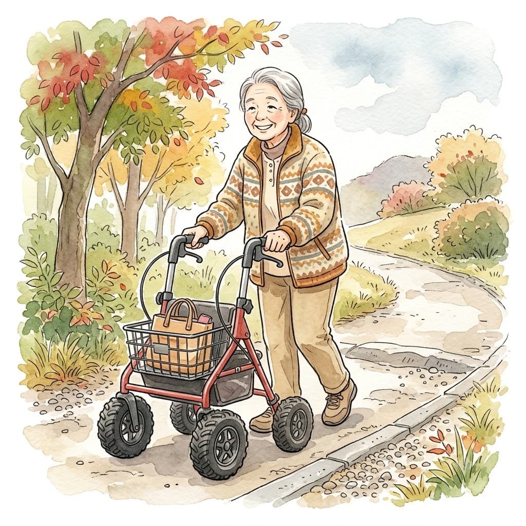 屋外の坂道で4輪ブレーキ付きの歩行車を押して歩く高齢女性
