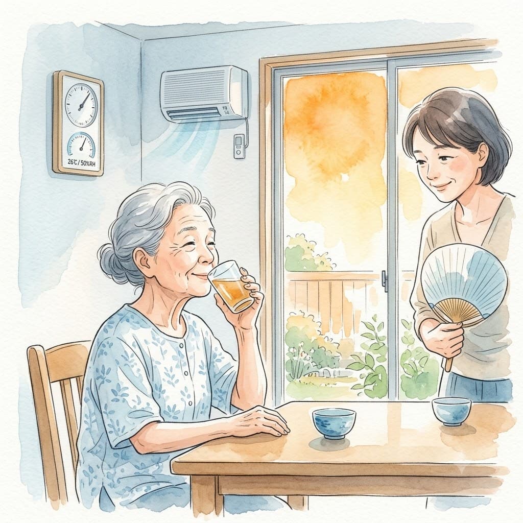 涼しい室内で麦茶を飲む高齢女性と温湿度計・エアコンのイラスト