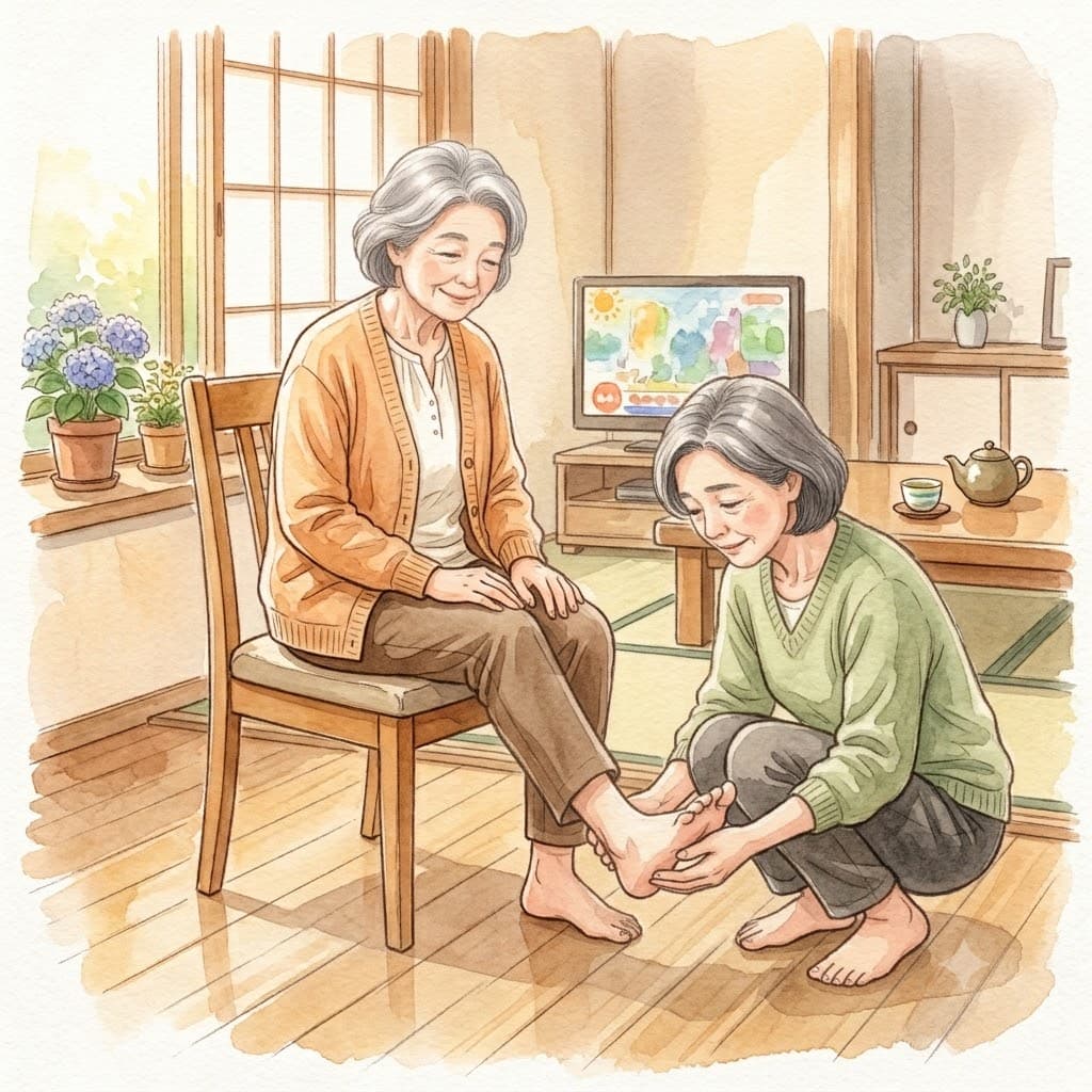 家族が高齢女性の足の裏を一緒にチェックしている水彩イラスト