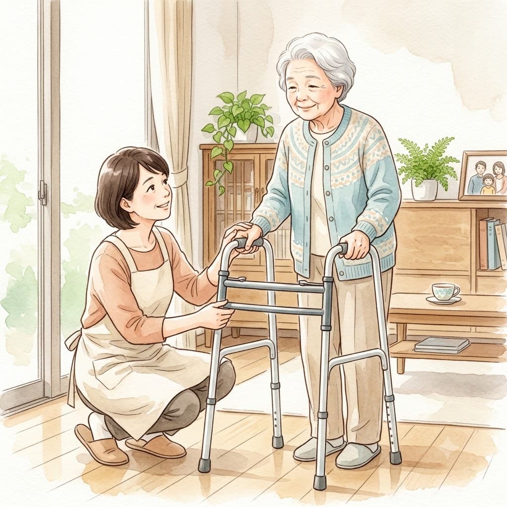 自宅で歩行器のハンドルの高さを調整してもらう高齢女性のイラスト