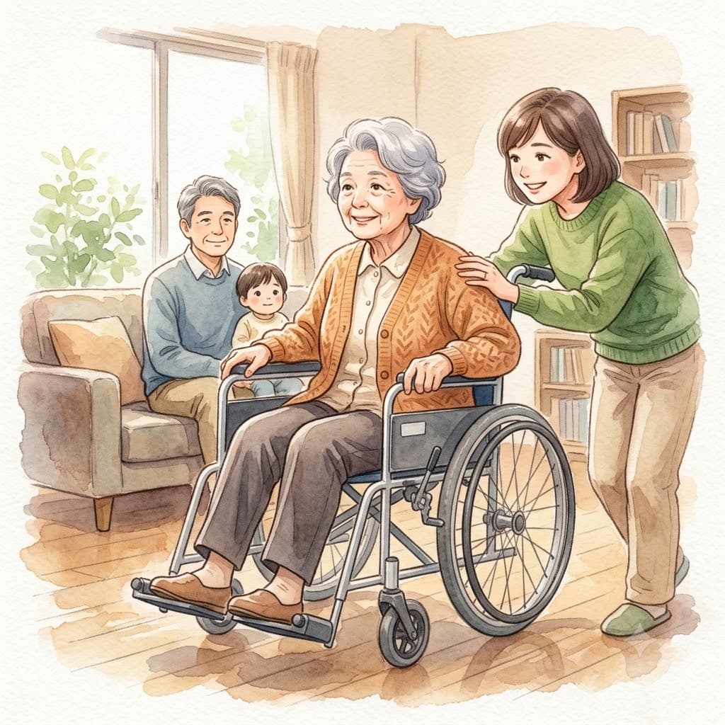 室内で車椅子に座る高齢の女性と、そばで見守る家族のイラスト