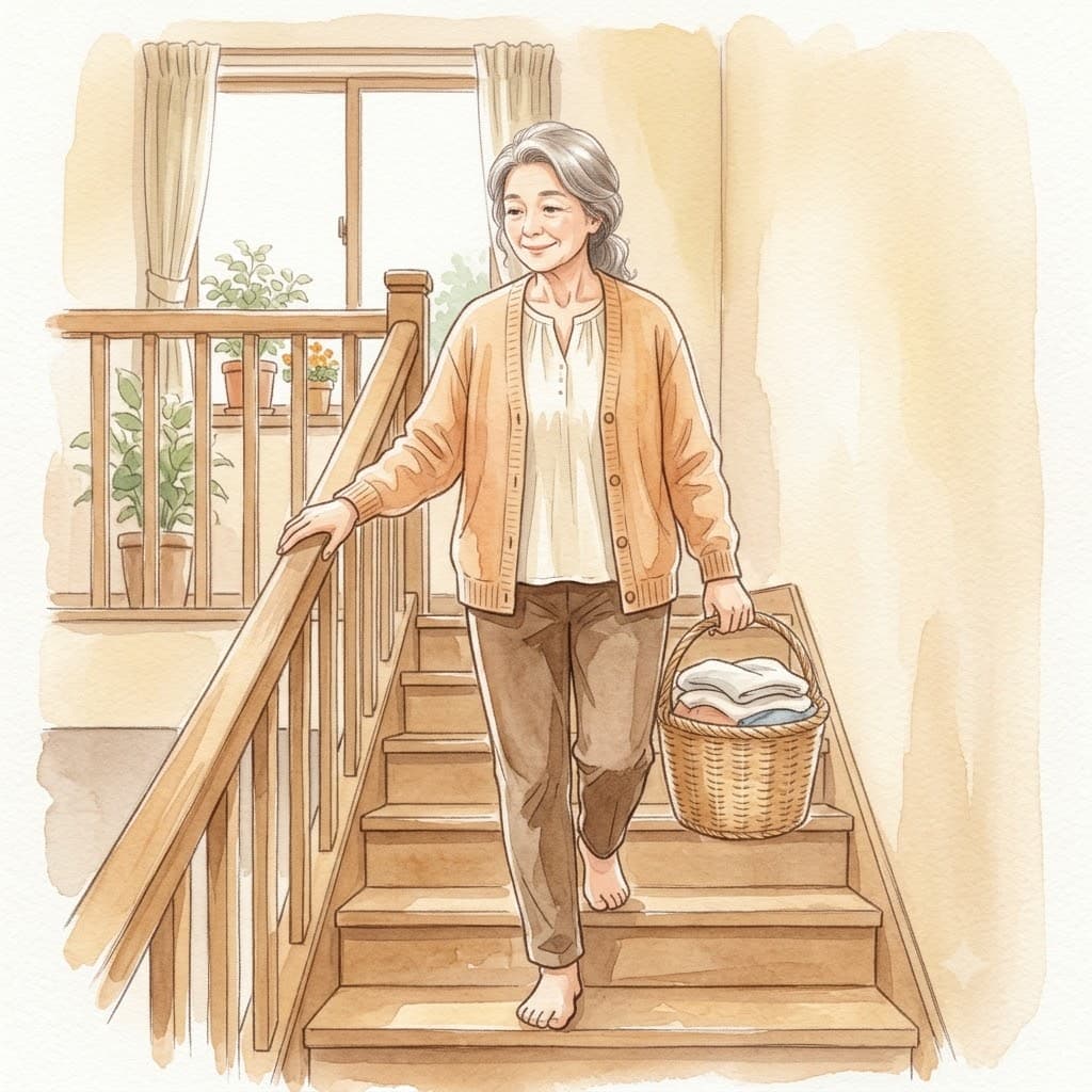 自宅の階段を使って足腰を鍛えるシニア女性のイラスト
