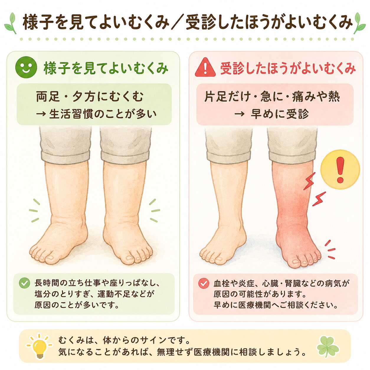 両足のむくみ（様子見）と片足だけの急な痛みを伴うむくみ（受診）を見分ける比較図