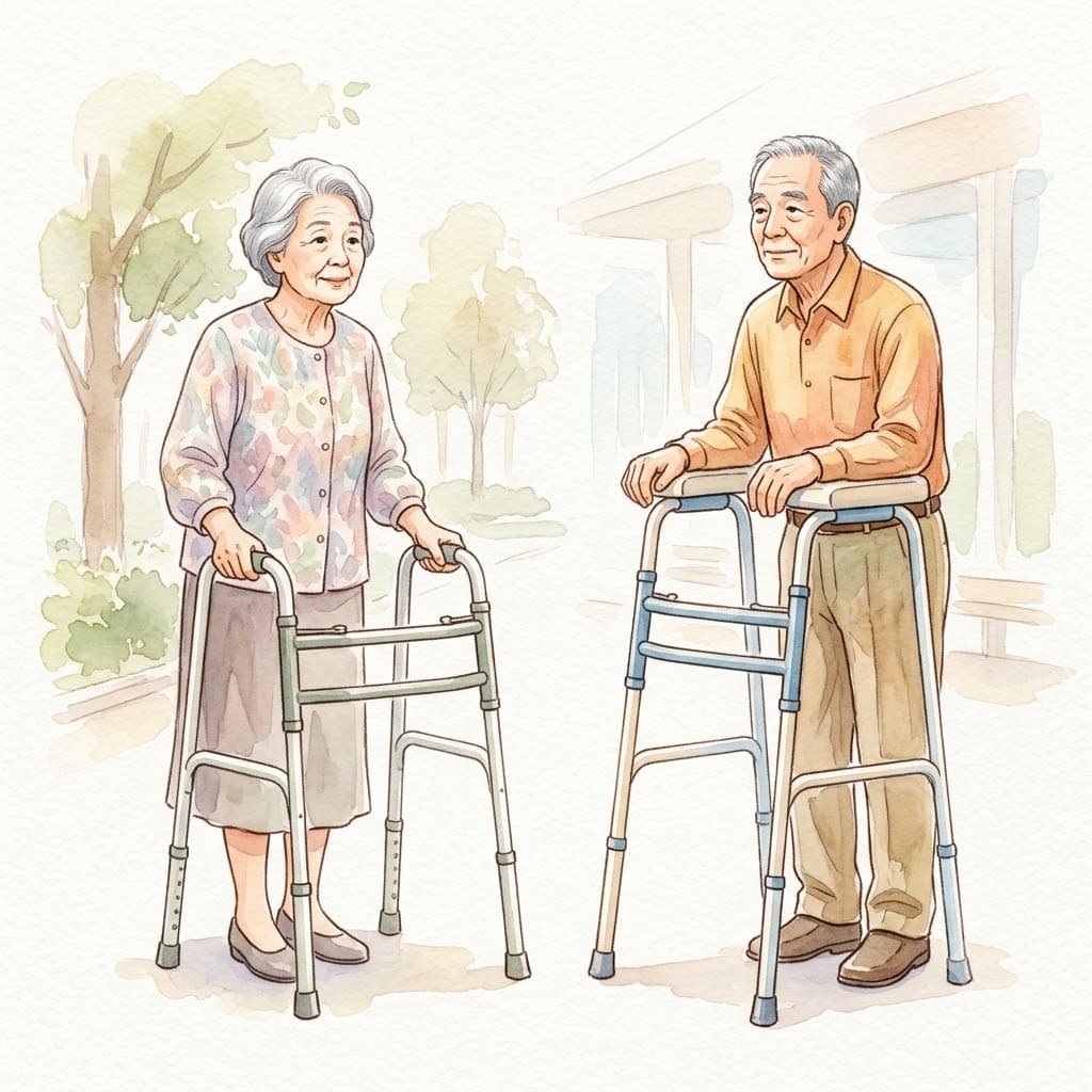 歩行器の高さ合わせ、握るタイプと前腕支持タイプの正しい姿勢