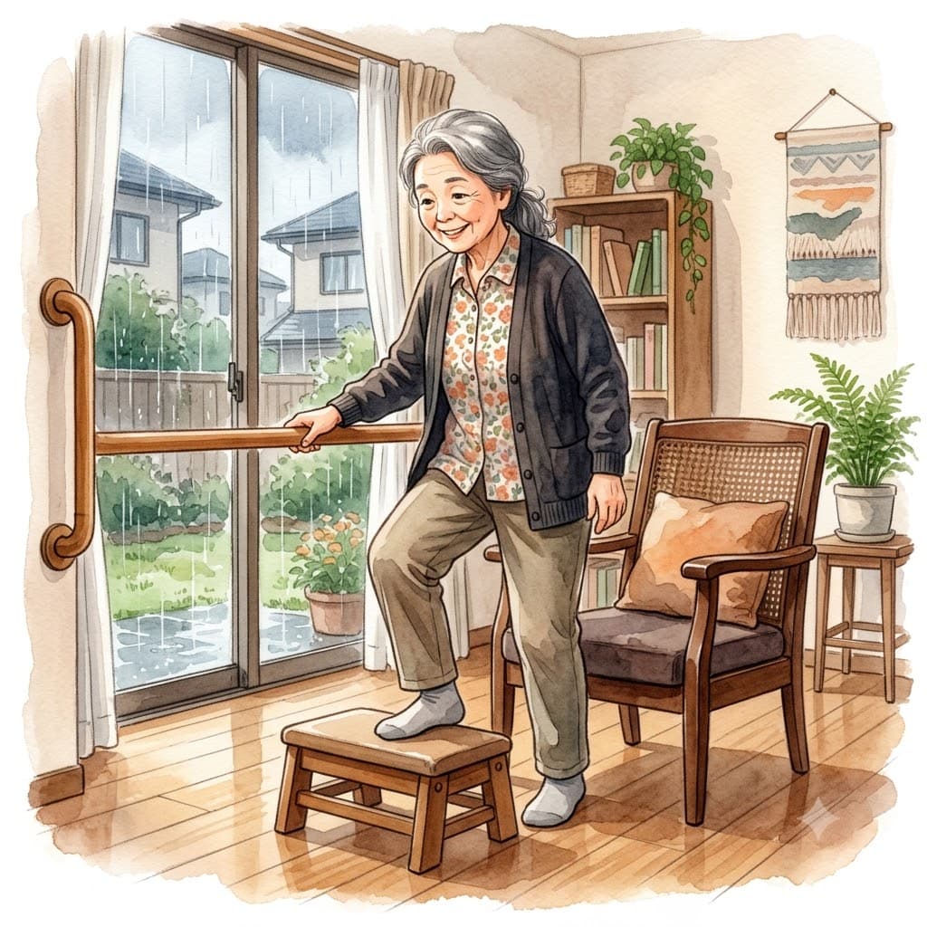 手すりのそばで安全に踏み台昇降をする高齢女性