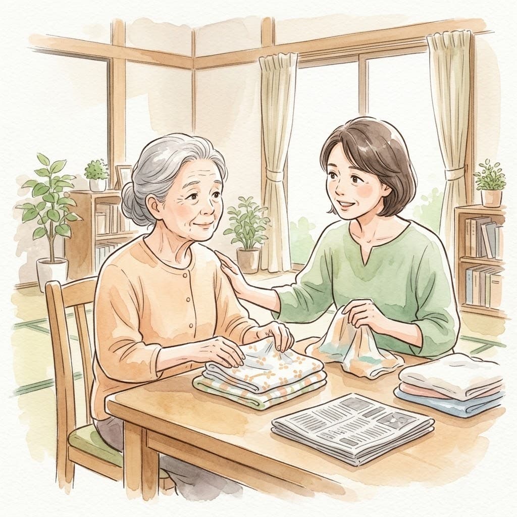 自宅で洗濯物をたたむ高齢女性を家族がやさしく見守るイラスト