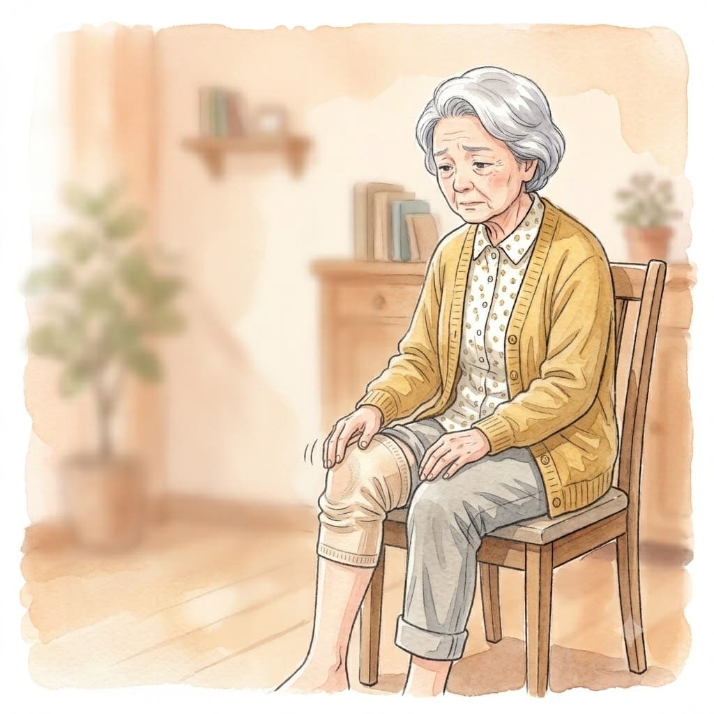 100均の膝サポーターが膝に合わず困っている高齢女性のイラスト