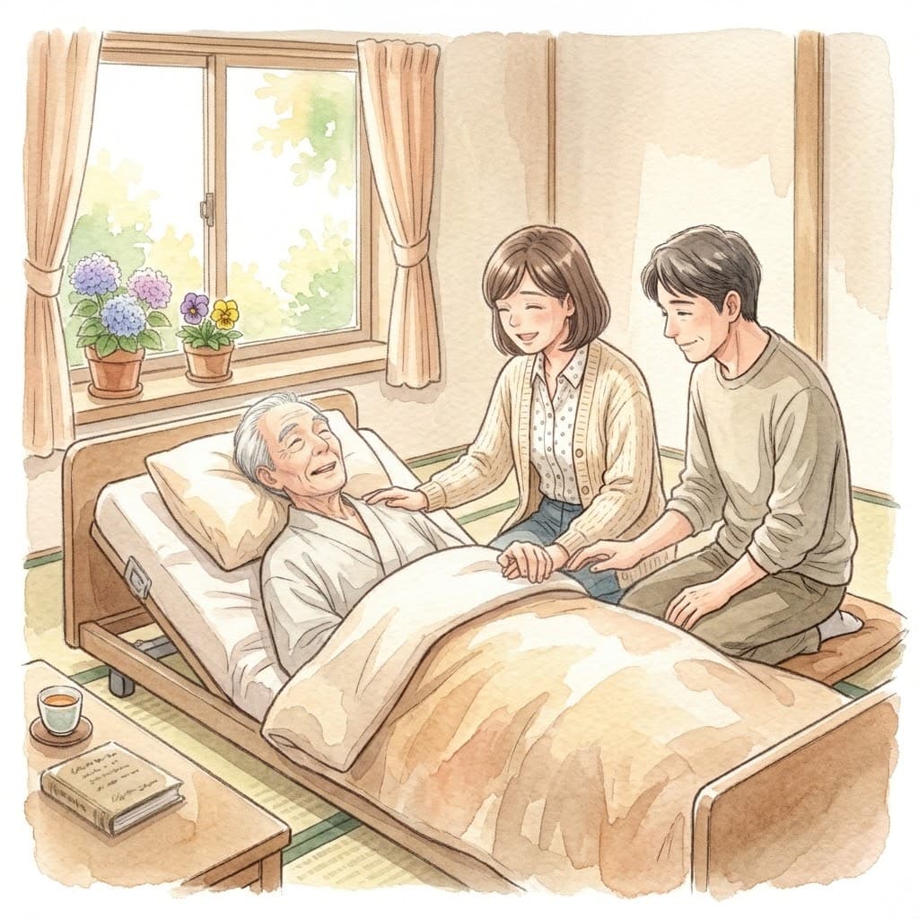介護ベッドで休む高齢男性を家族がそばで見守る様子