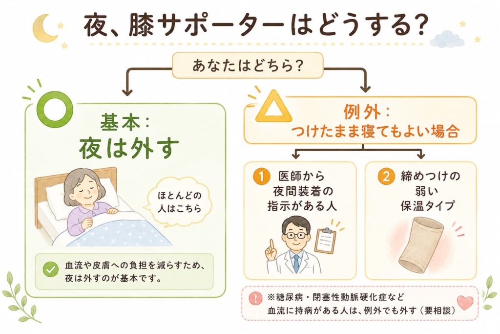 膝サポーターをつけたまま寝てもよい例外の場合を説明するイラスト