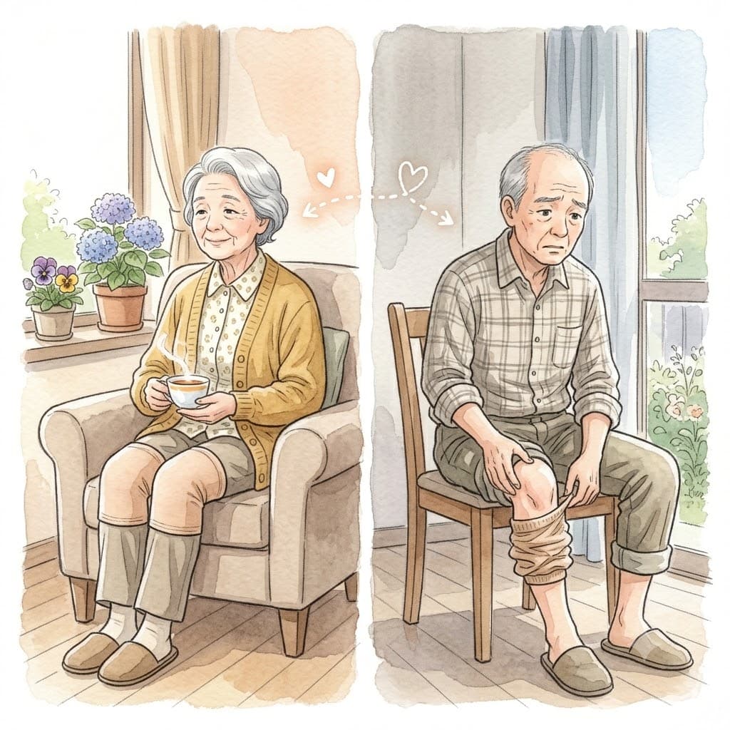 膝サポーターをつけてくつろぐ高齢女性と、サポーターがずり落ちて困る高齢者の対比イラスト
