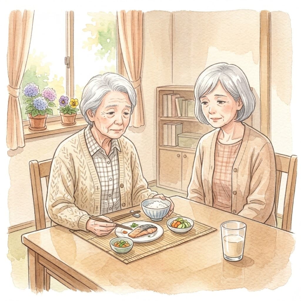 食卓で食事をする高齢の母と、心配そうに見守る娘、手前にはプロテインのコップ