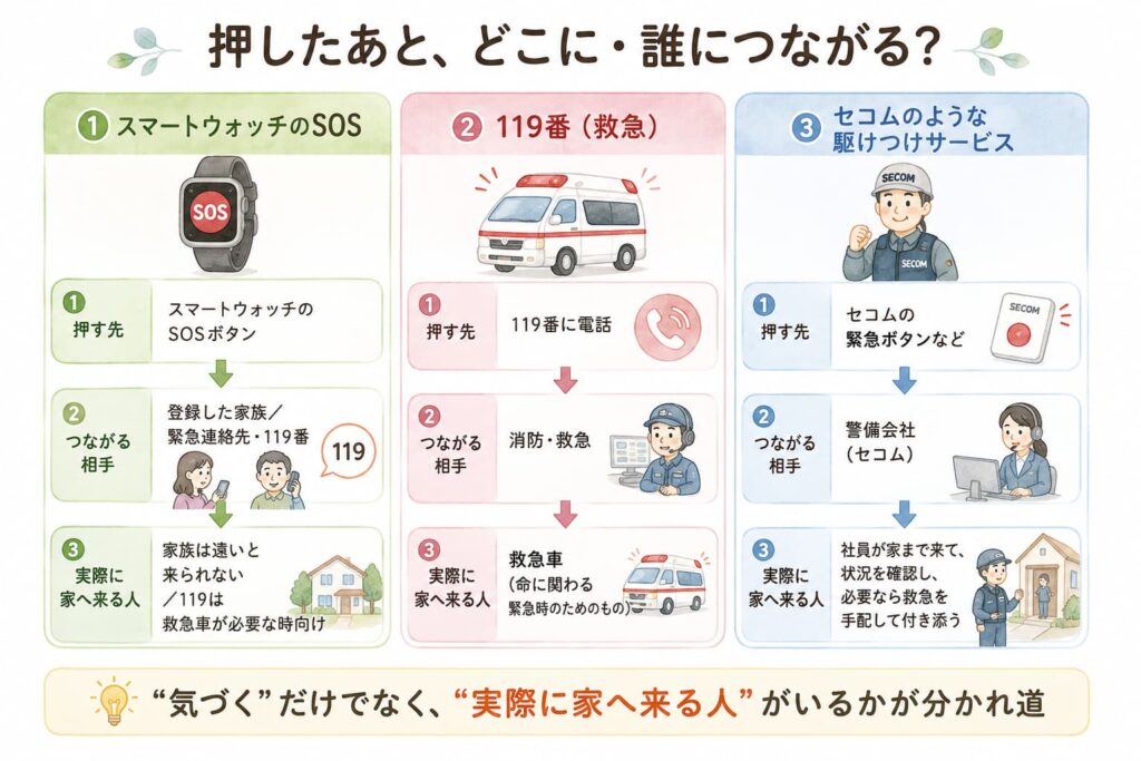 スマートウォッチ・119番・セコムの「つながる先」と「駆けつける人」の違いを比較した図