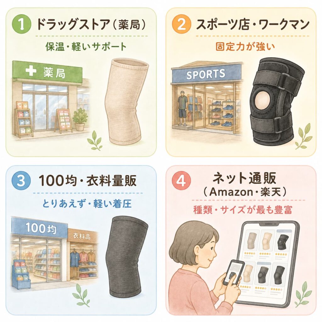 ドラッグストアやスポーツ店など店ごとに置いてある膝サポーターの種類が違うことを示すイラスト