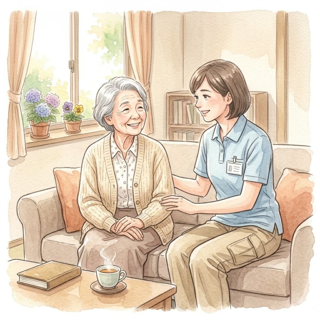 訪問リハビリの理学療法士が回復した高齢女性と話す様子