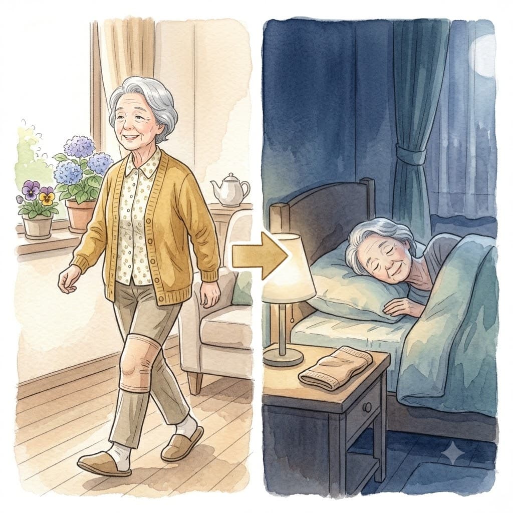昼は膝サポーターをつけて歩き、夜は外して休む高齢女性の対比イラスト