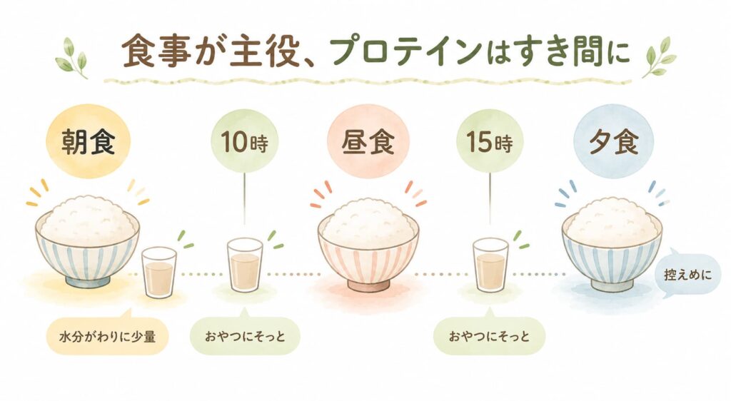 食事を主役に、プロテインを朝・10時・15時のすき間に少量添える1日の取り入れ方の図