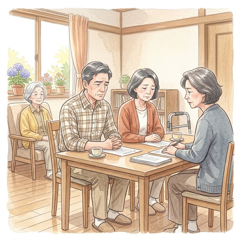 施設入所をめぐって家族が話し合う場面のイメージ