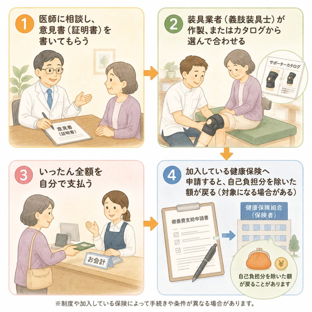 医師に相談して治療用装具を検討する高齢者のイラスト