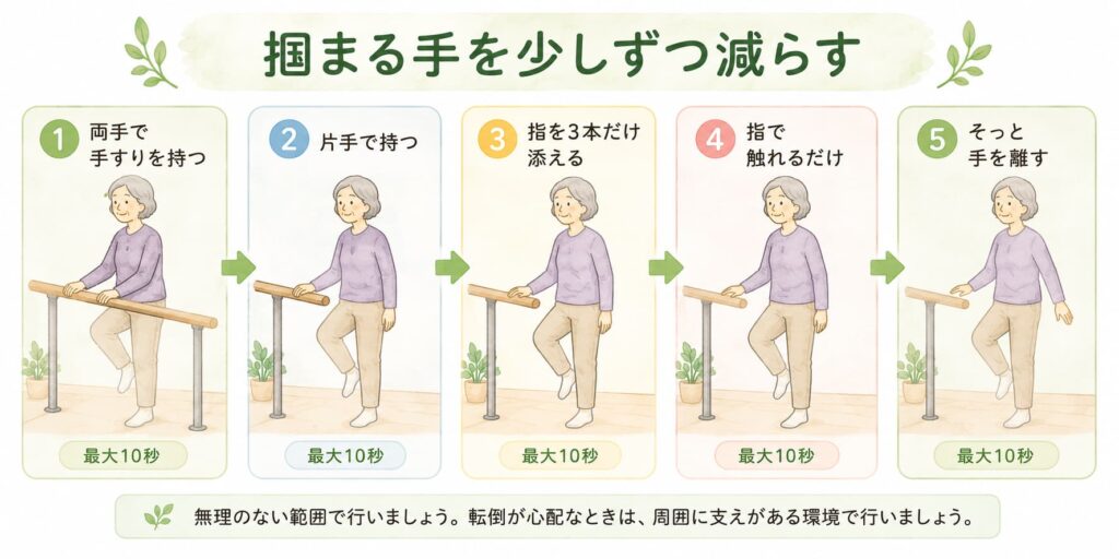 手すりに掴まりながら片足立ちを練習する高齢者