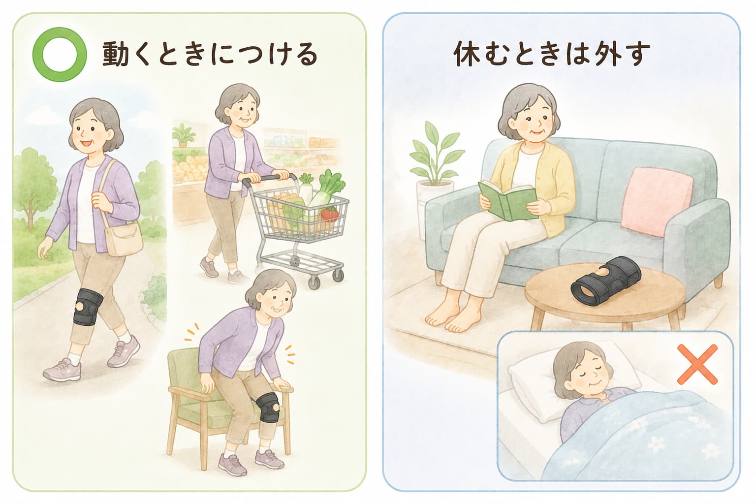 動くときはつけて休むときは外す、膝サポーターの使い分け