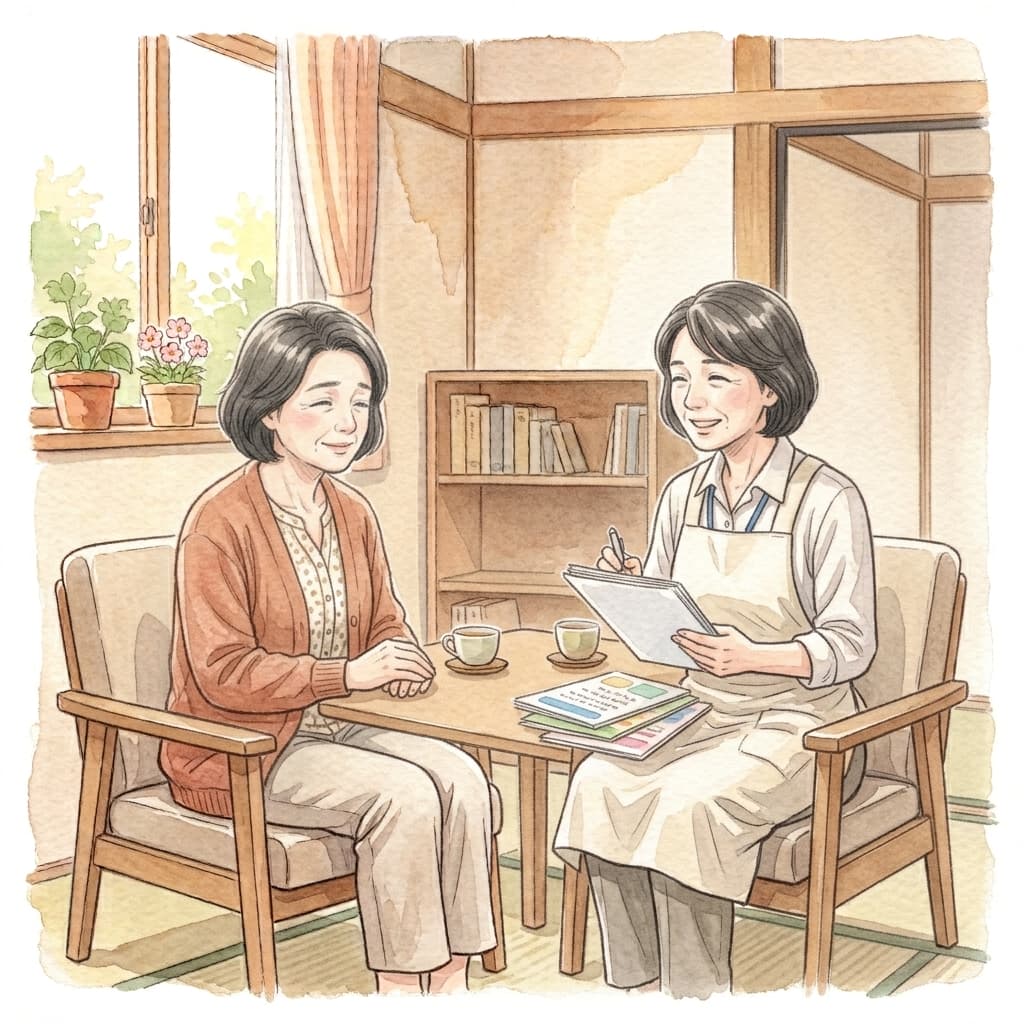 介護者がケアマネジャーに相談して表情が和らぐ様子