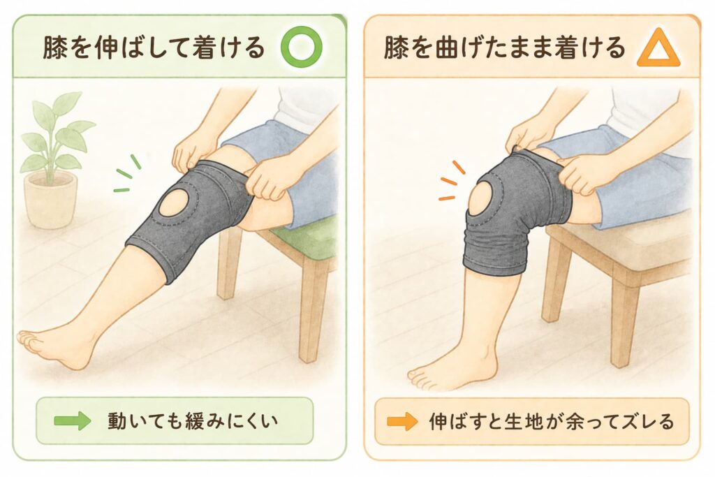 膝を伸ばした状態で膝サポーターを着ける様子のイラスト